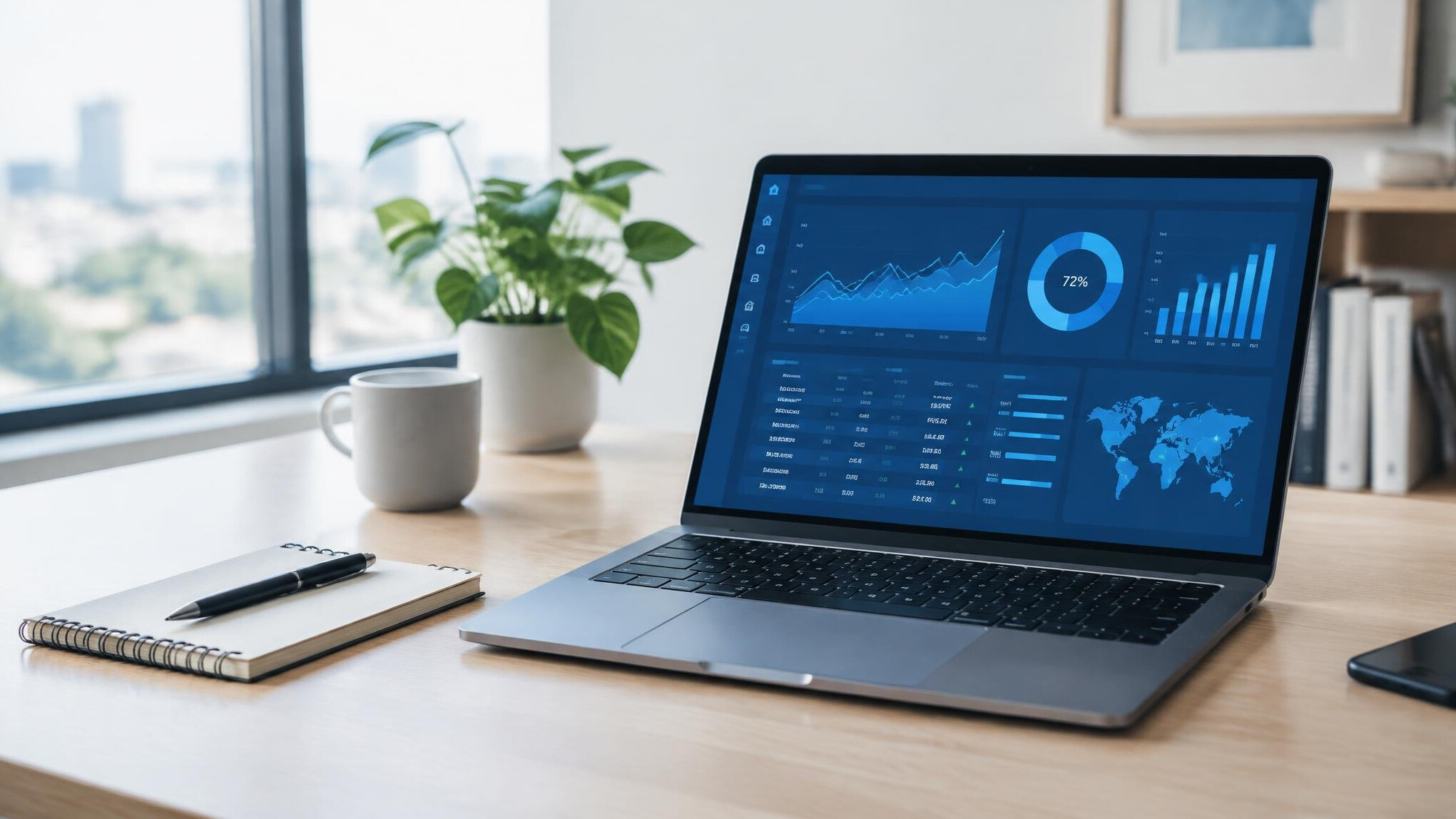 Laptop displaying a data analytics dashboard on an office desk